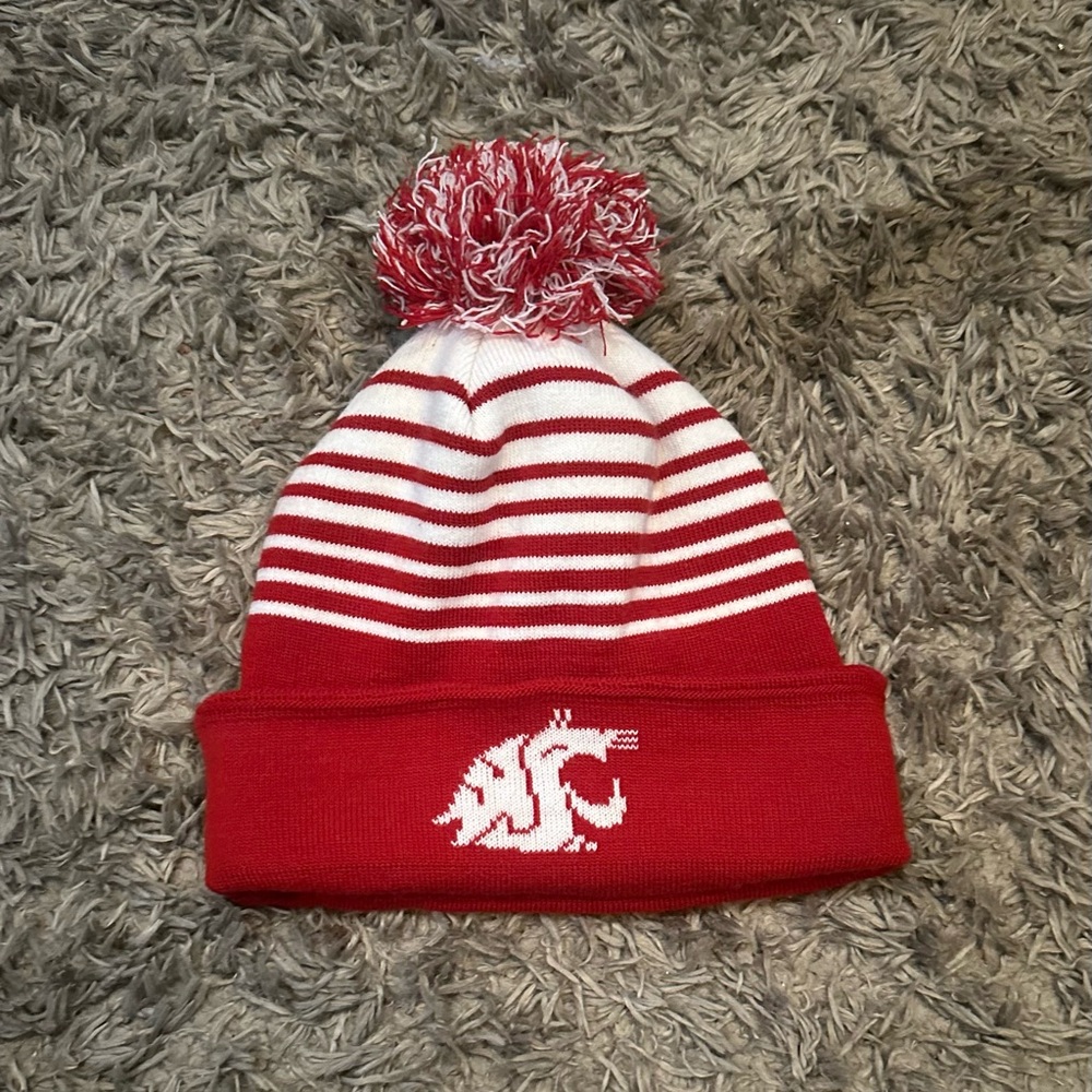 Red and White Striped Pom Beanie